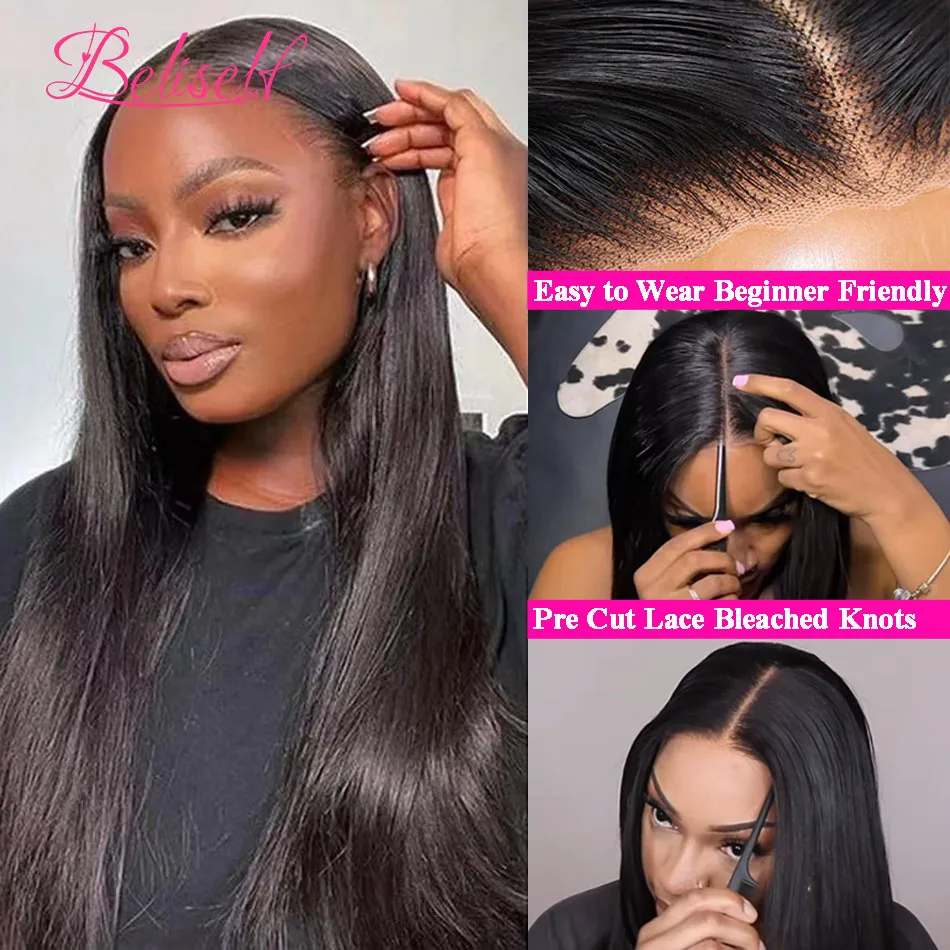 Perruque Lace Closure Wig sans colle naturelle, cheveux humains, pre-plucked, lisse, HD, 5x5, prêt à porter