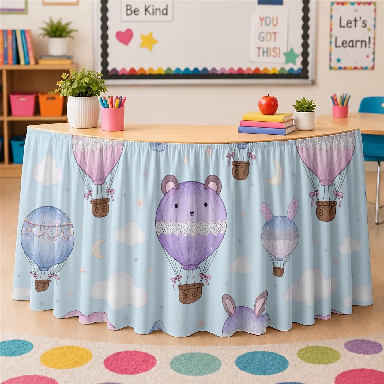 Dreamy soft-toned hot air balloon and rabbit illustrated tablecloth and table runner for spring birthday party setxzj