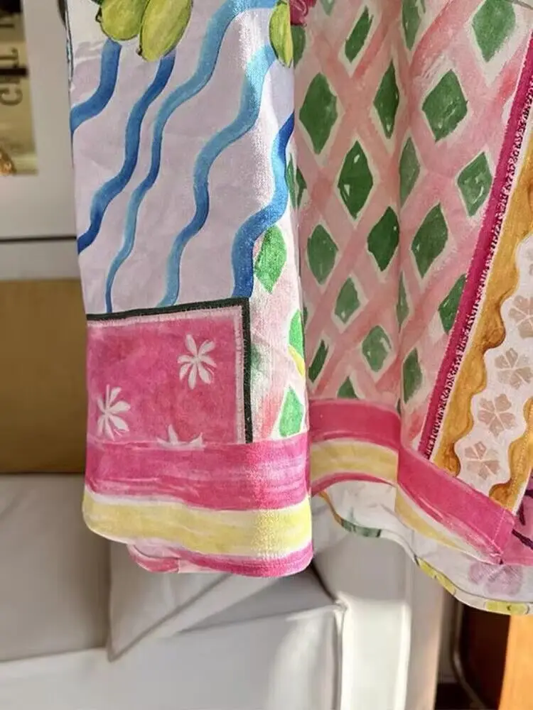 fiti Pink Print A-Line  Skirt Women's High Waist Midi Skirt Summer New Design Small Size Faionable Cotton Skirt