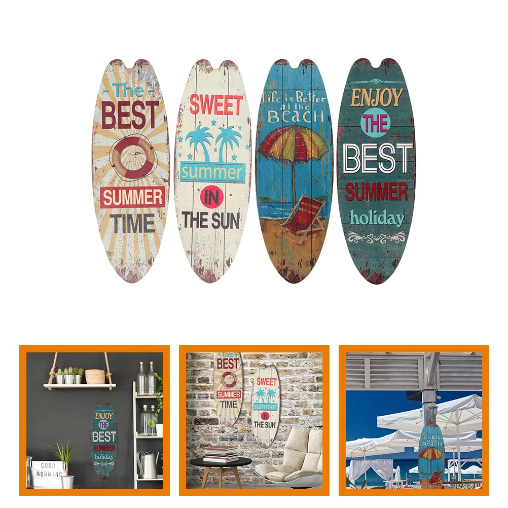 

4 Pcs Indoor Surfboard Wooden Sign Seaside Ocean Decorations Wall Hanging Plaque Home Signs