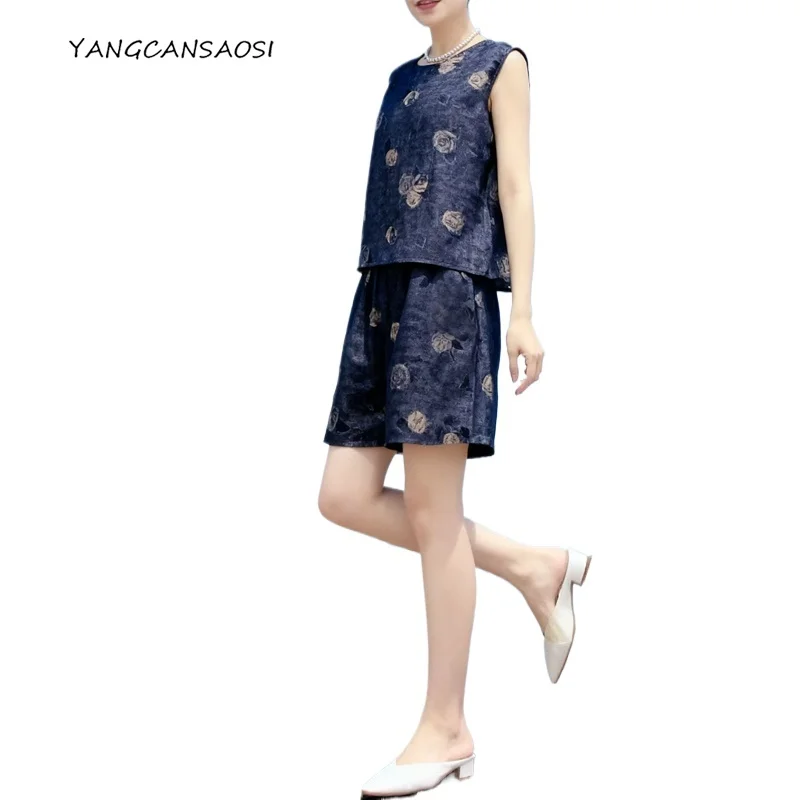 

High Quality 100% Natural Mulberry Silk Gambiered Guangdong Gauze Round Neck Loose Vest Elastic Waist Pocket Design Shorts