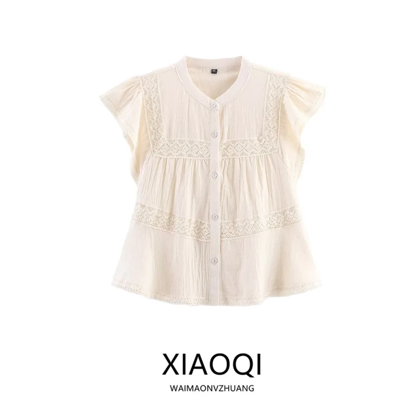 بلوزة نسائية صيفية جديدة لعام 2025 من مزيج القطن بأكمام قصيرة وياقة مستديرة بلون واحد وتصميم فضفاض بإحساس بارد على طراز الشاط...