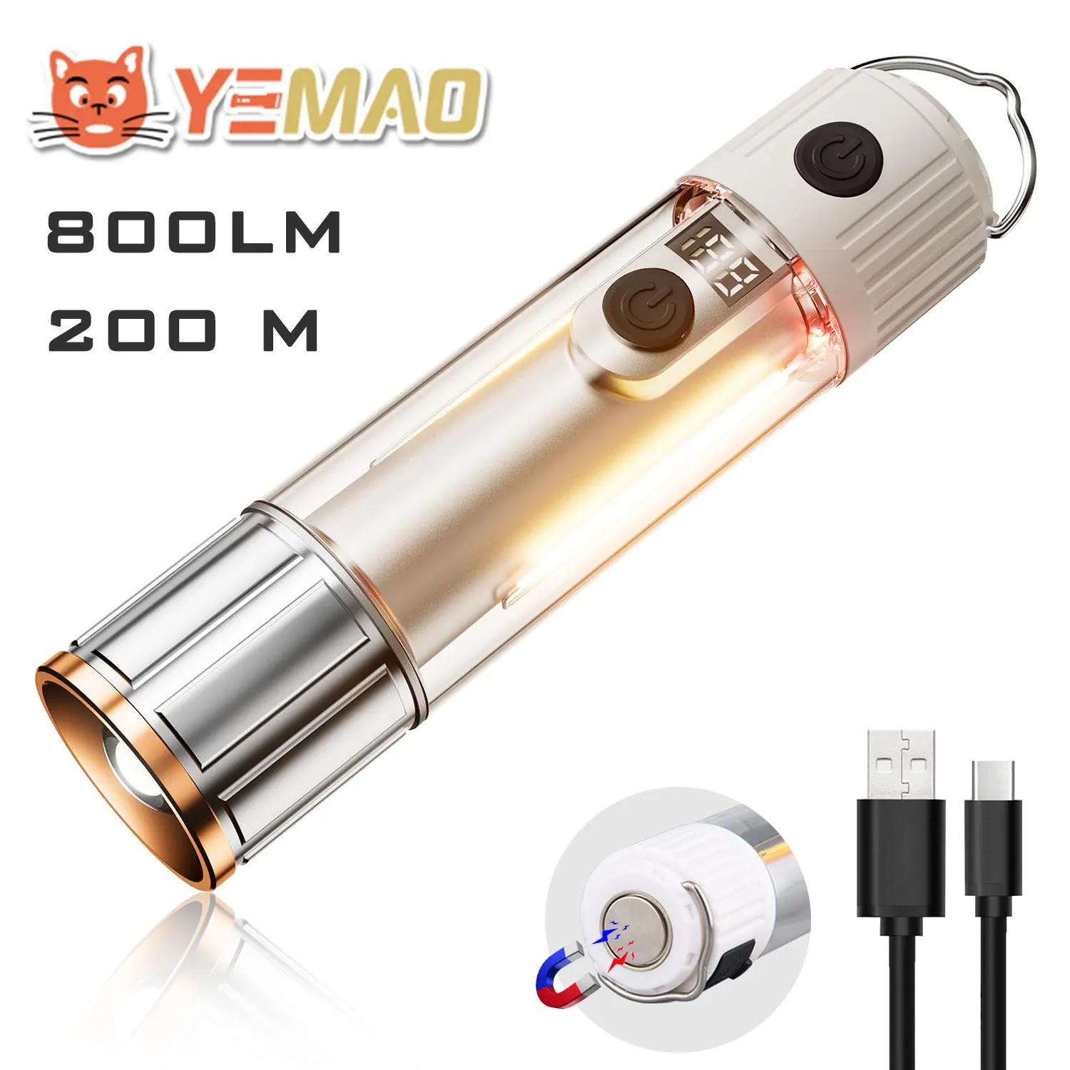 

800LM Super BrightPortable Hanging Camping Flashlight，Zoomable Small Torch，7 Modes With Magnet，LED Rechargeable Flashlight
