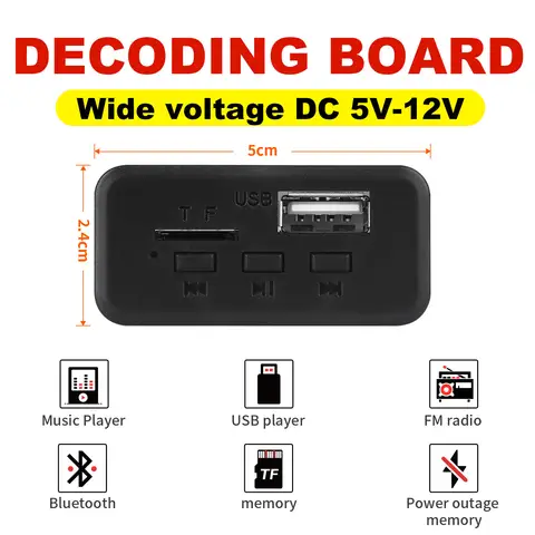 12V Wireless Bluetooth 5.0 DIY MP3 WMA WAV Decoder Board Car Audio USB TF FM Radio Handsfree Module MP3 Player For Speaker 12V W