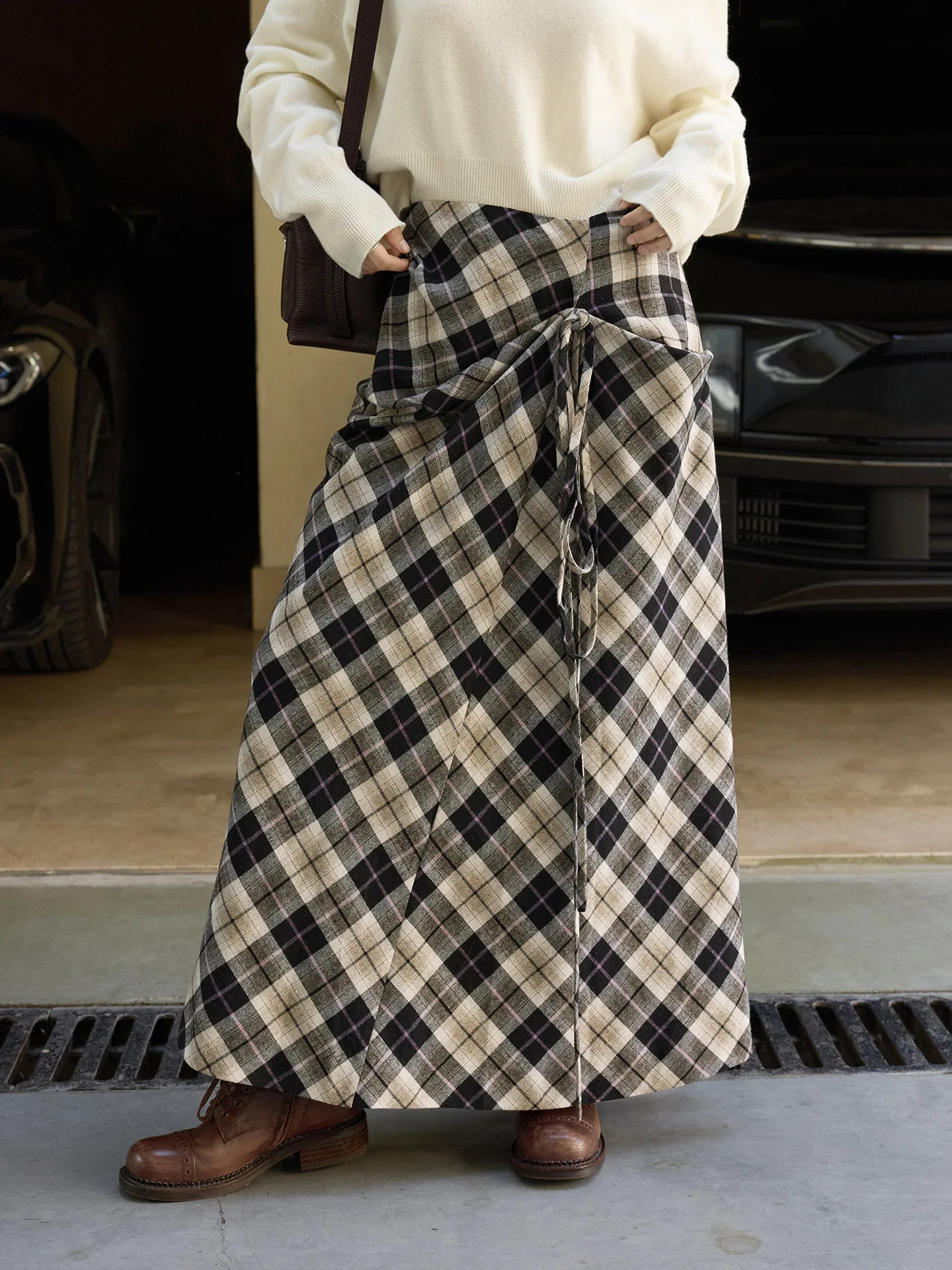 레트로 패션 비대칭 대비 하이그 패턴 하프 스커트 하이 디자인 센스 롱 스커트 여성용