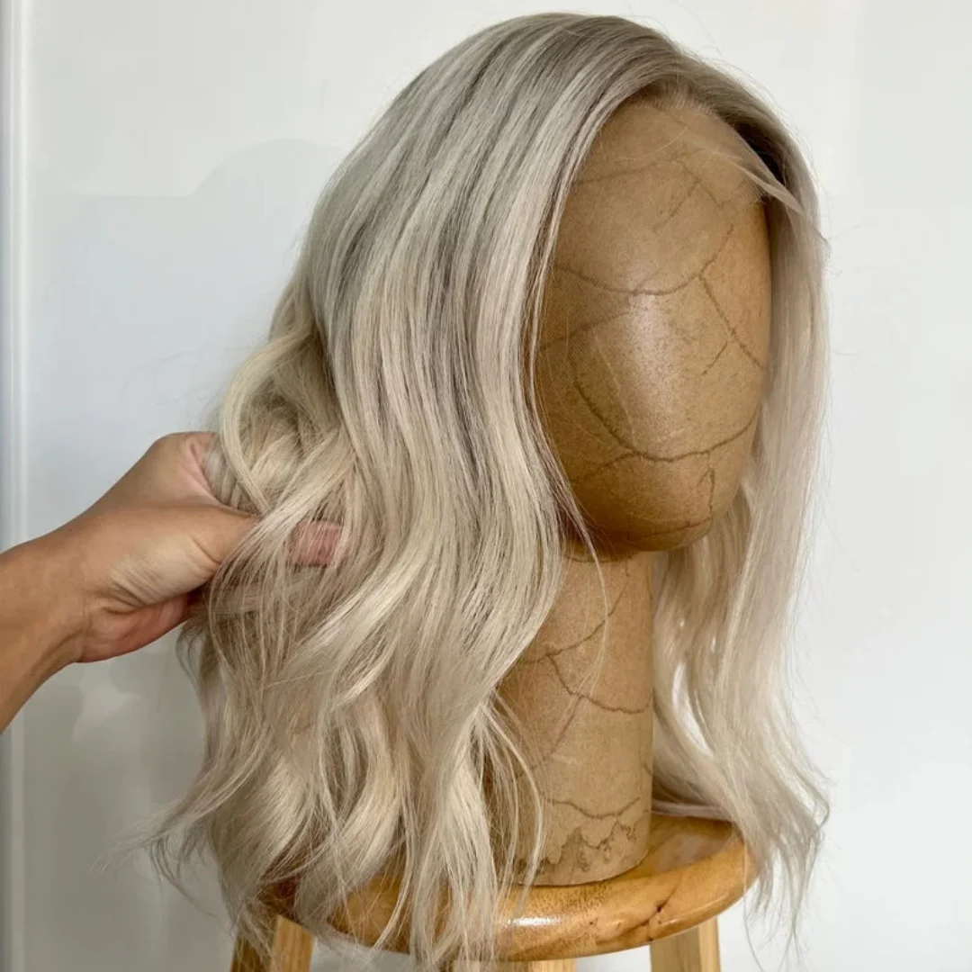 

Ash Platinum Blonde Synthetic Lace Top Wigs With Dark Roots Diversified Deep Wave Full Wigs High Density Daily Cosplay Wigs