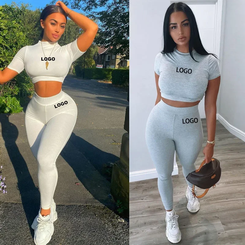 Custom Women Clothing ladies suit Two Piece Fitted Pants and crop Set Short Sleeve Skinny Crop Top Jogger Sweatpants Set Women