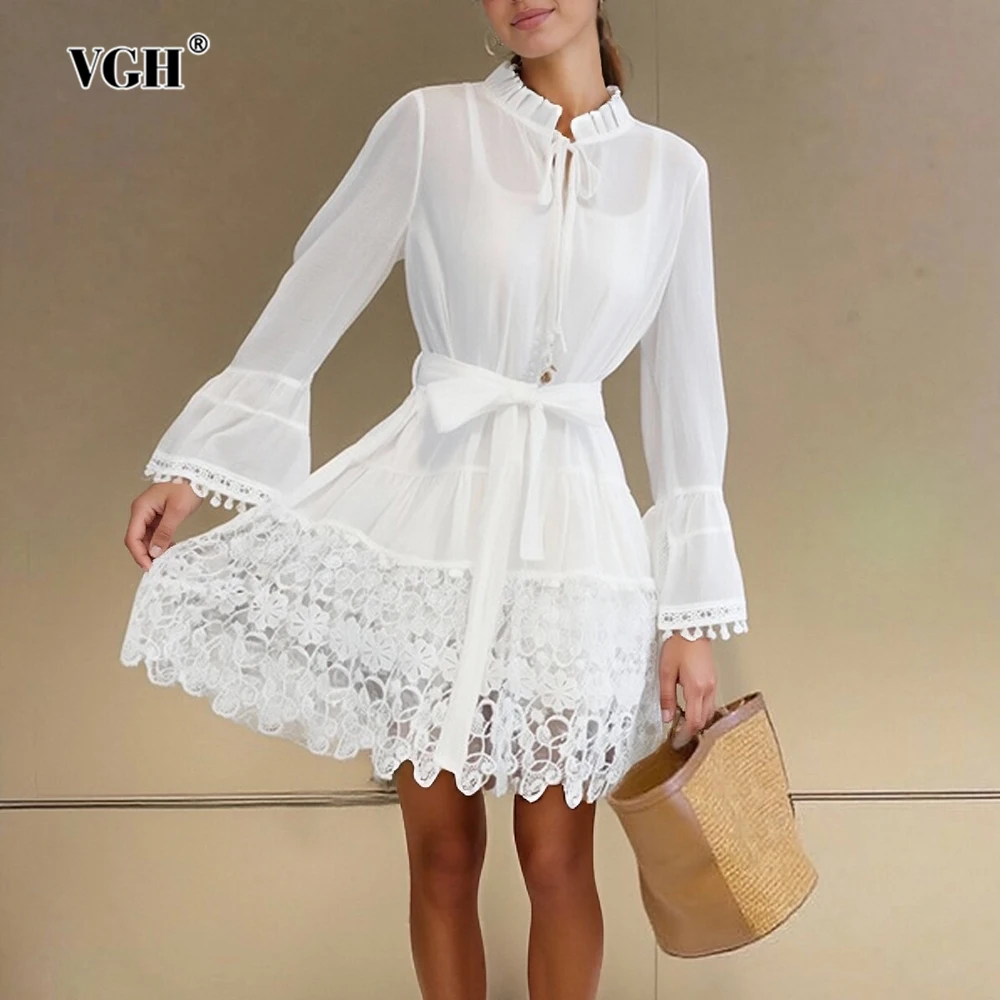 

VGH Solid Hollow Out Slimming Elegant Short Dresses For Women Round Neck Long Sleeve High Waist Sexy Dress Female Fashion New