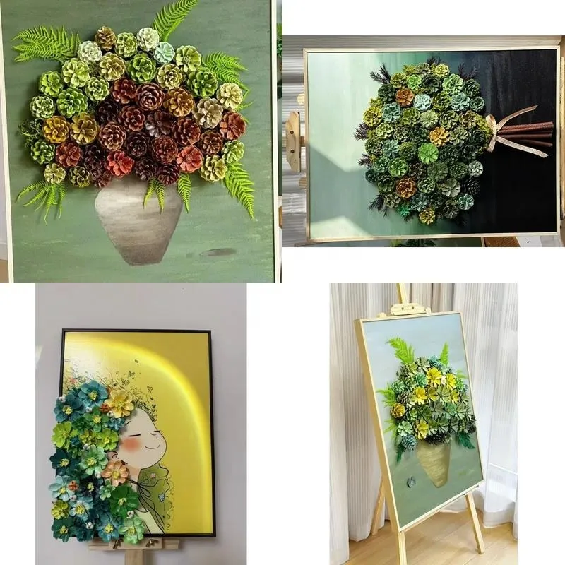 Handmade 3D Natural Pine Cone Flower Wall Art Custom Decorative Painting for Home Living Room Decoration