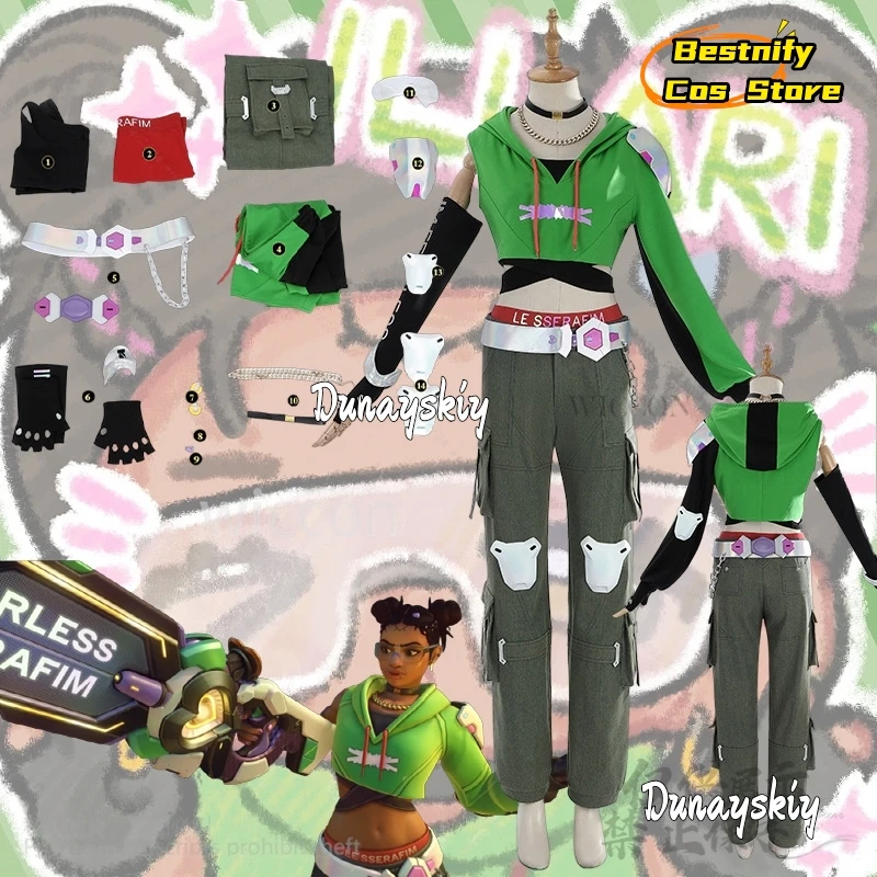 

Illari Cosplay Anime Game OWW Kpop Idol Costume Green Short Fashion Sweatshirt Y2K Uniform Punk Hiphop Wear Halloween-코스프레-
