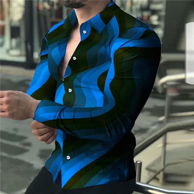 Men's Wave Series Personalized Fashion Casual Party Soft And Comfortable Button Lapel Large Size Long Sleeve Shirt Spring Fall