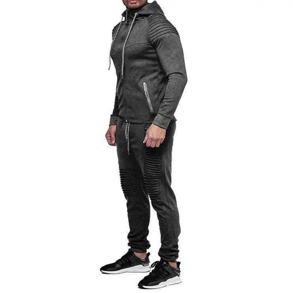 2 Pcs/Set Autumn Tracksuit Zip Placket Hat Sports Pockets Autumn Tracksuit   Men Coat Pants Set  for Jogging