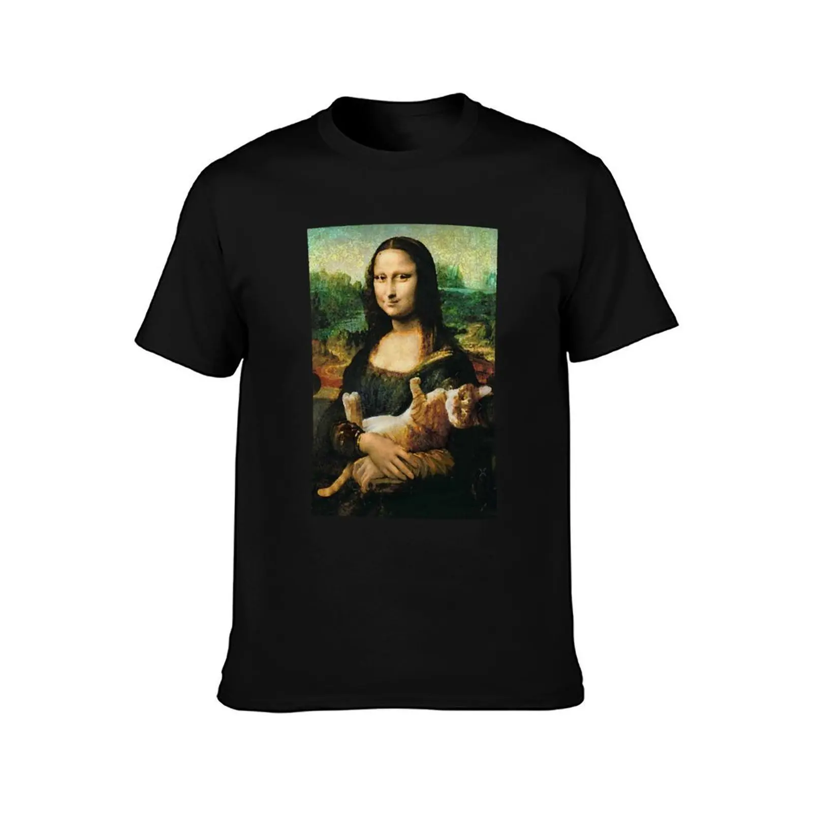 Mona Lisa holding a cat T-Shirt, Summer Casual Cotton Tee, Oversized Streetwear Tops, Vintage Graphic Print, Unisex Men Women