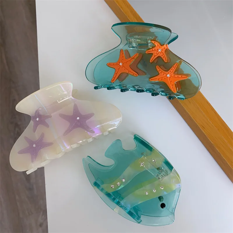 HANGZHI Summer Blue Starfish Fishbowl Hair Clip Creative Cartoon Sea Creature Shark Clip Fashion INES Hair Accessories For Women