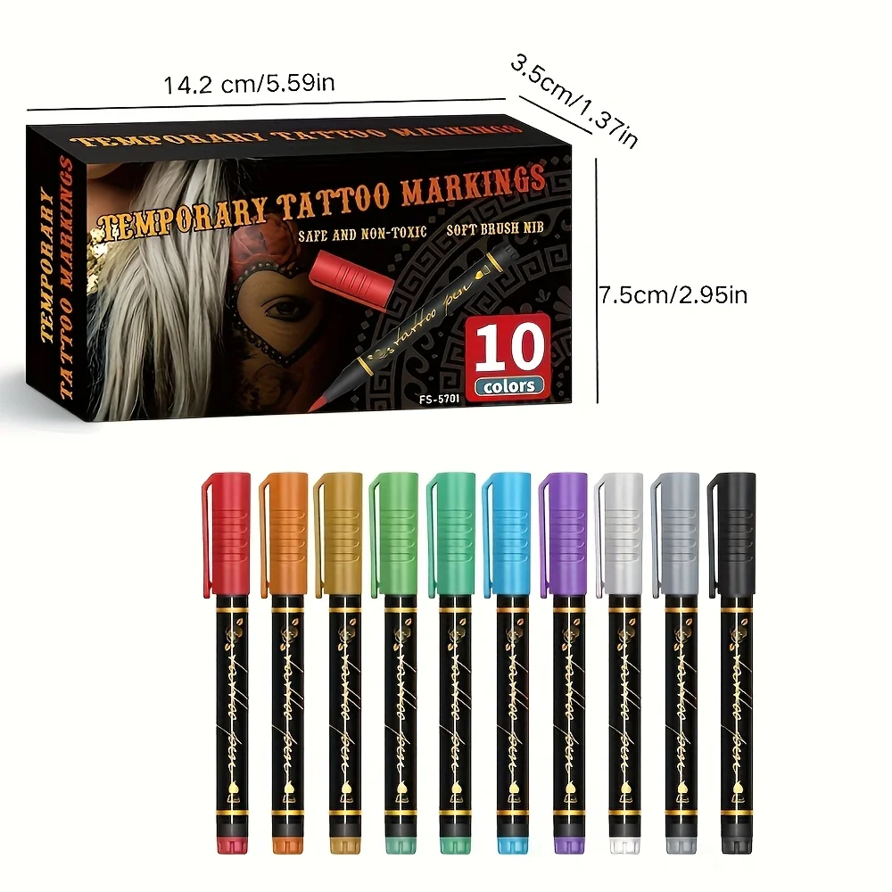 Temporary Tattoo Marker Set 10 Colors With 59 Reusable Templates Metallic Body Art Pens DIY Drawing Makeup Tools view 6