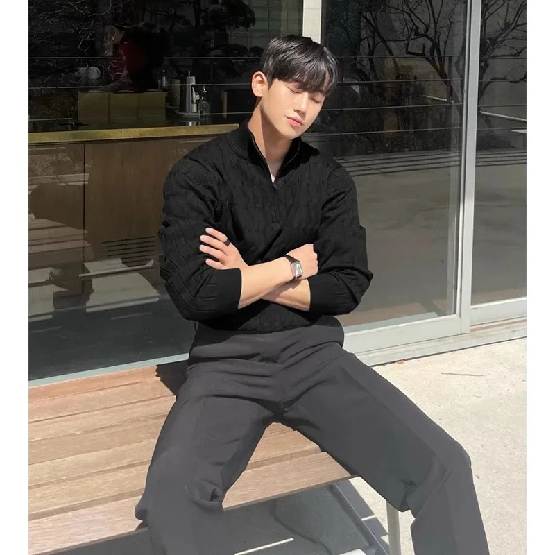 Men's Sweater Casual Jacquard Pattern Pullover Knitwear Winter Half Polo Turtle Neck Zipper Jumper Knitted Sweater Men view 4