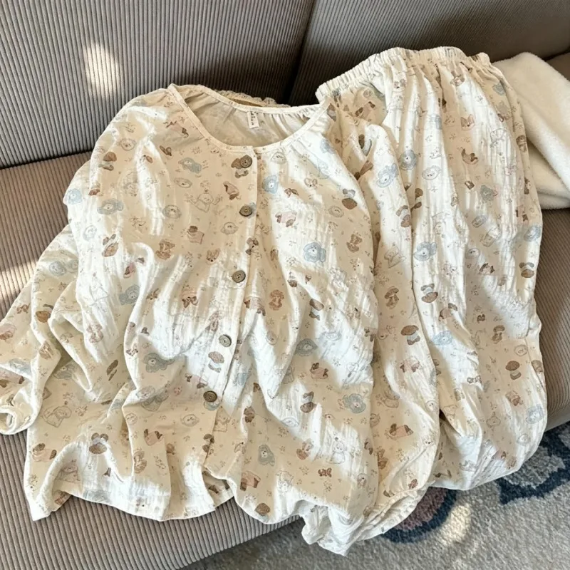 Cute Sweet Ladies Spring Autumn Sleepwear Cartoon Kawaii Print Round Neck Long Sleeve Long Pants Soft Cozy Home Loungewear Suit