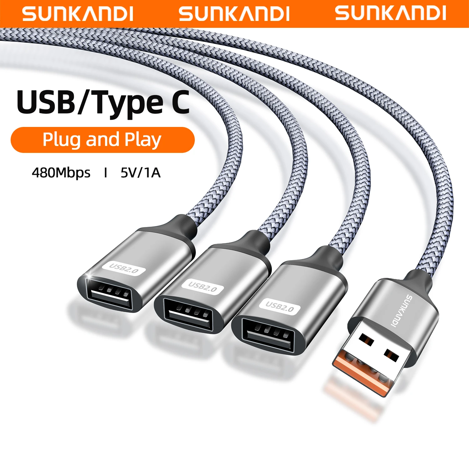 SUNKANDI USB Splitter, Y Cable, 1 in 3 Out Dual Port Extender Hub, Data Power Charger Split Converter for TV,PC, Laptop, MacBook