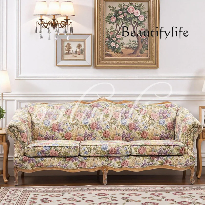 

American printed solid wood sofa living room high-end straight row fabric sofa French country small apartment three-person sofa