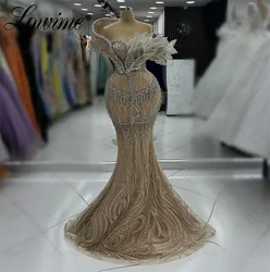 Aso Ebi Champagne Evening Dress 3D Leaf Mermaid Off The Shoulder Celebrity Dresses Tassels Crystal Luxury Engagement Party Dress