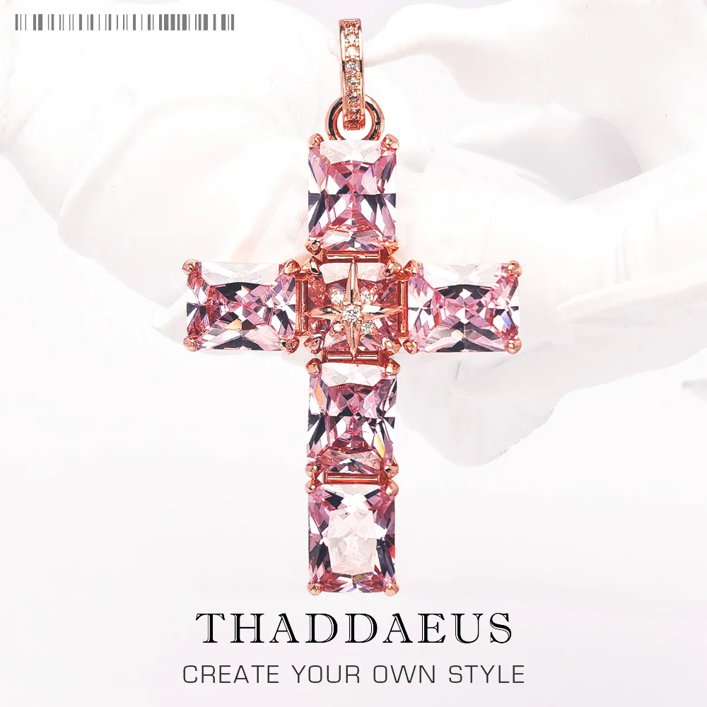 

Кулон розового цвета с камнем и крестом, брендовые модные ювелирные изделия, европейский подарок из стерлингового серебра 925 пробы для женщин