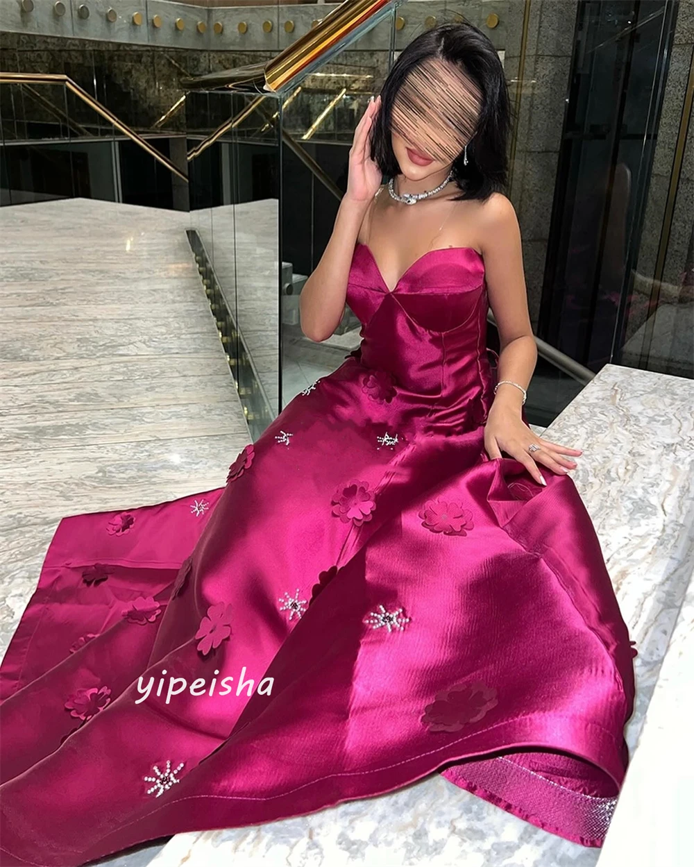 Yipeisha exquisite moderne Stil formale Abend träger lose boden lange Ballkleid Applikationen Satin Ballkleider