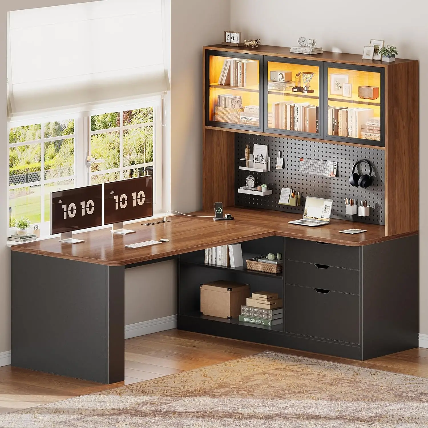 L Shaped Office Desk, Computer Desk with 3 Wood Drawer and Large Bookshelf, L Shaped Corner Gaming Desk with LED Light,, Custom