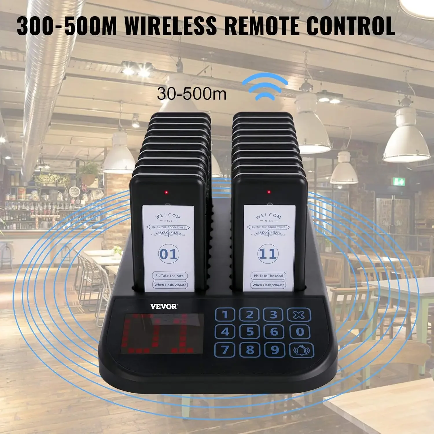 F103 Restaurant Pager System 20 Pagers, Max 98 Beepers Wireless Calling System, Touch Keyboard with Vibration