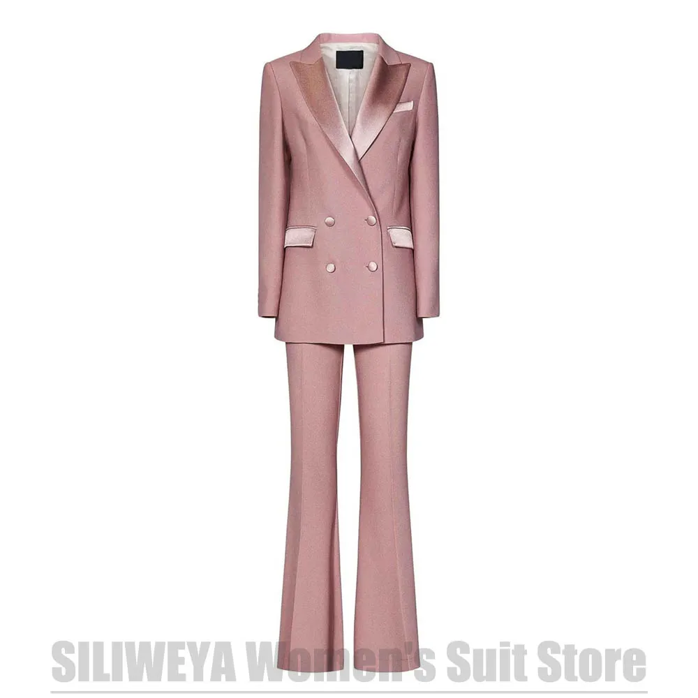 

Fashion Women's Suit Double Breasted Satin Peak Lapel Wear Two Piece Blazer and Flared Pants Casual Office Formal Party Outfit