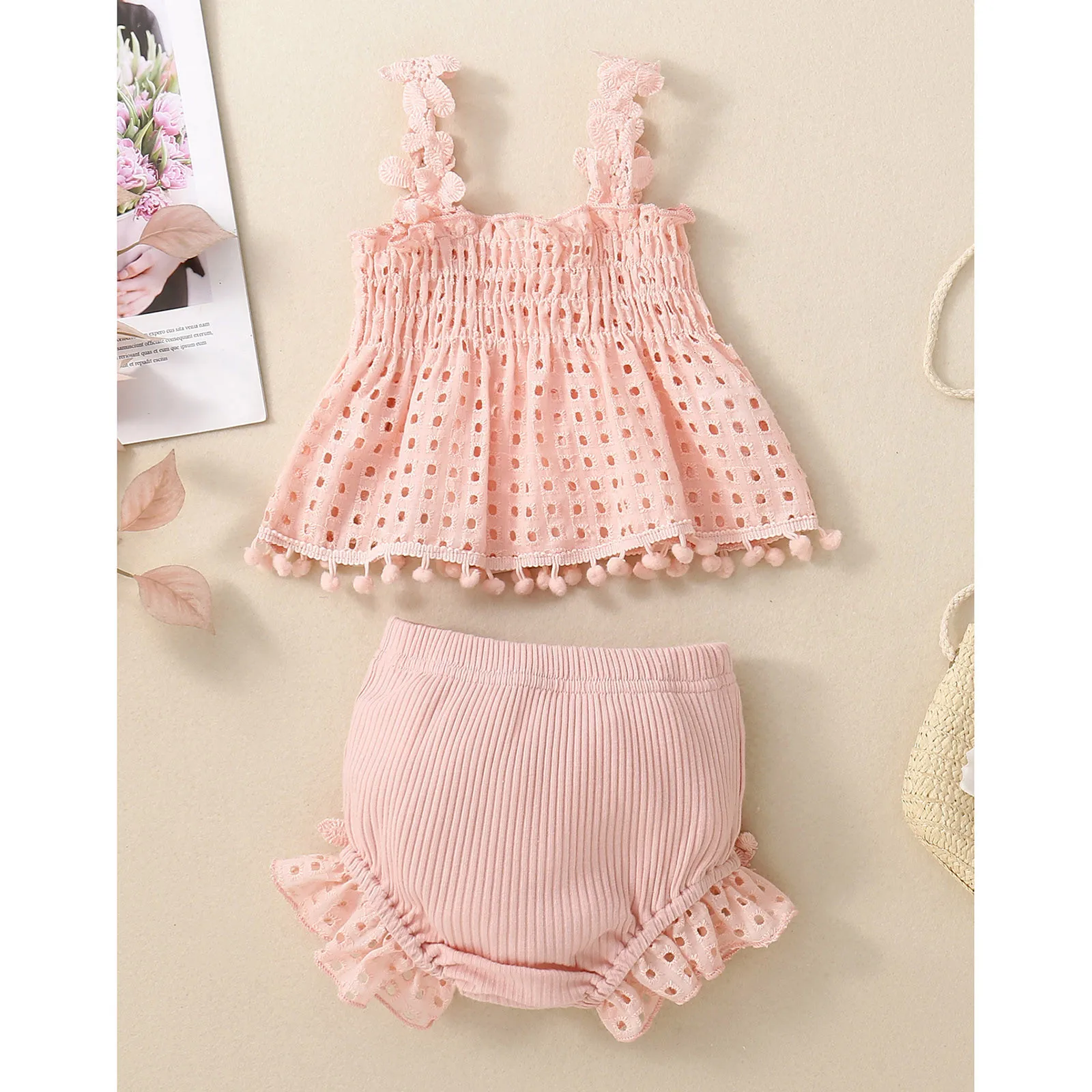 0-18M Summer Toddler Baby Girls Lovely Clothes Sets Solid Color Cutout Pleated Tank Tops Stretch Ruffle Shorts 2Pcs Outfits Sets