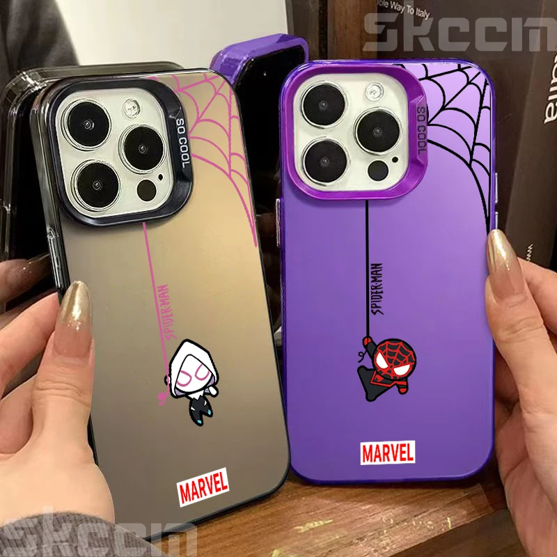 Casing Ponsel Pasangan Spiderman untuk iPhone 16 15 14 11 12 13 Pro Max 7 8 Plus X XR XS Max Sampul Dalam Berlapis Perak Berwarna