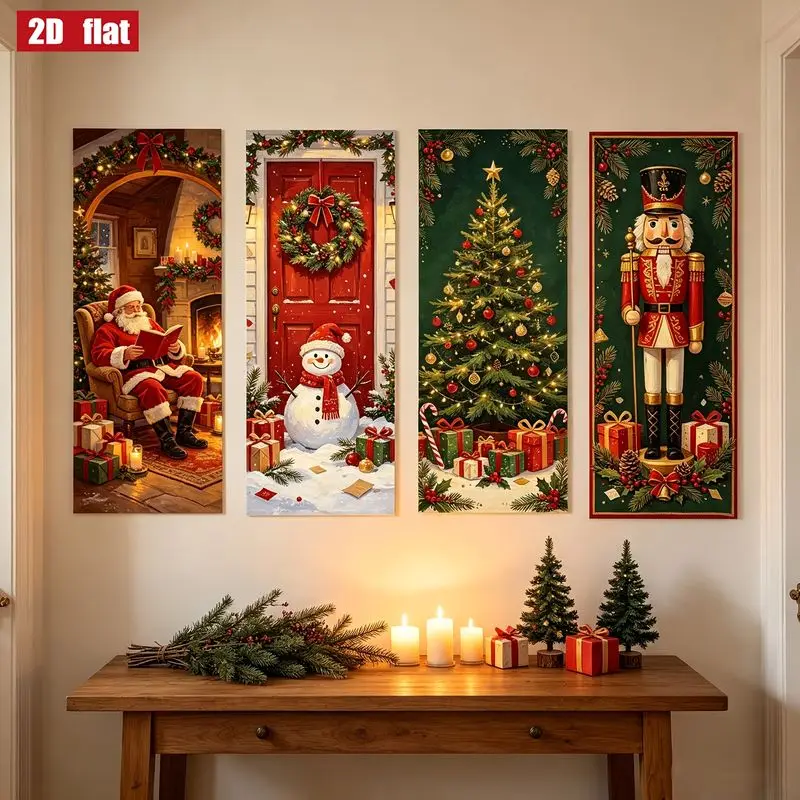 VIKAMA Vertical Banner Set for Christmas, 4 Pc Wall Hanging Santa Fireplace Snowman Door Tree Nutcracker, Cozy Holiday Decor