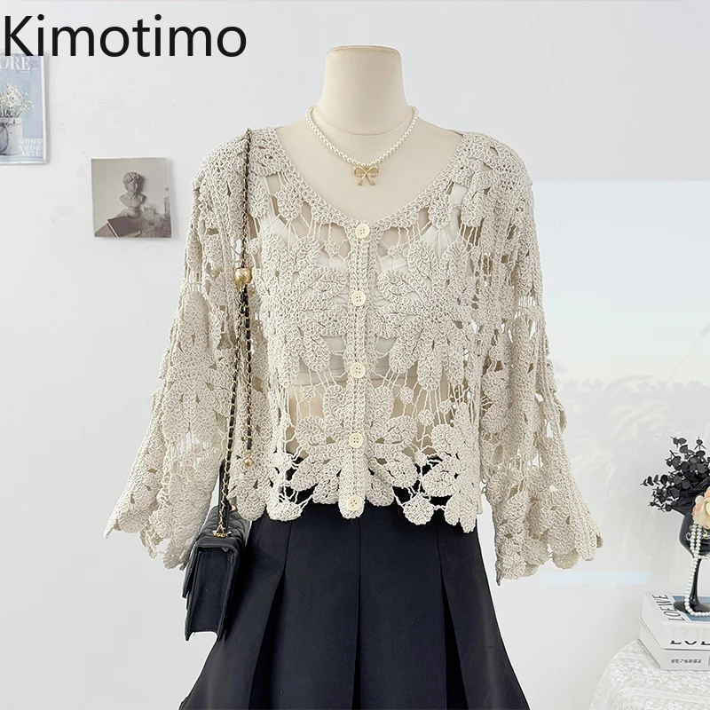 

Kimotimo Boho Hollow Hook Flower Knitted Cardigan Women 2025 Autumn V Neck Single Breasted Sheer Long Sleeve Crop Top Vintage