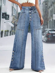 Plus Size zapinane na guziki jeansowe proste dżinsy z szeroką nogawką kieszenie z wysokim stanem w stylu Vintage dżinsy casualowe w stylu Streetwear spodnie damskie