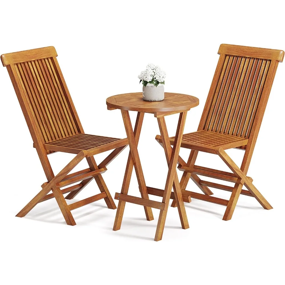 

3 Piece Teak Wood Patio Bistro Set Table with Metal Buckles, Folding Furniture Bistro Table and Chairs Set of 2