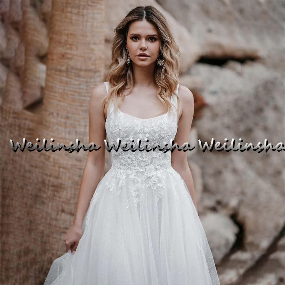 Weilinsha-Robes de mariée A-Line, Boho, Blanc, Tulle brillant, Quel que soit le dos nu, Appliques en dentelle, Mariée bohème, 2022