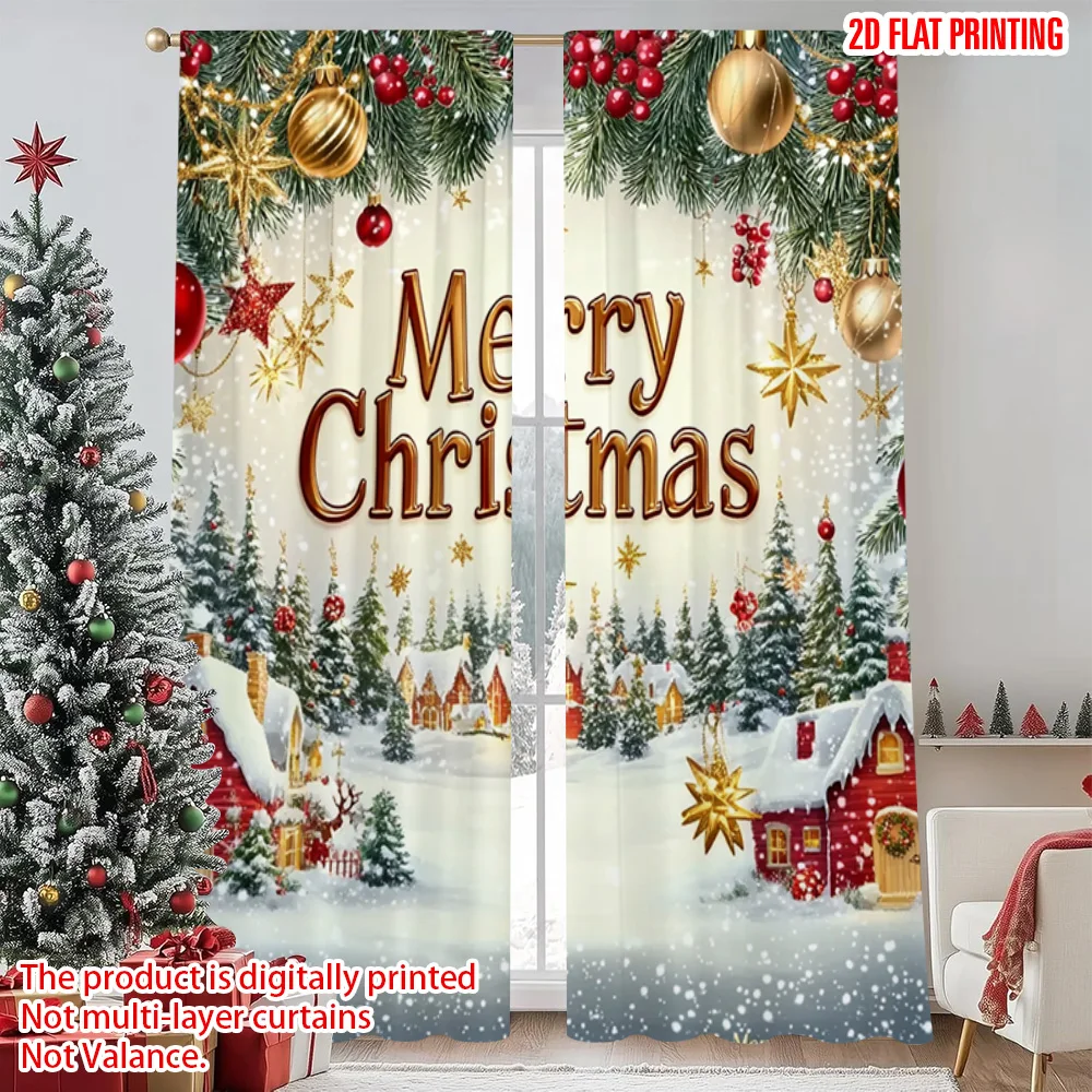 

2pcs 2D flat printing Christmas Drapes Merry Christmas! Durable 100% Polyester Fabric Without Electricity Spring for Photo