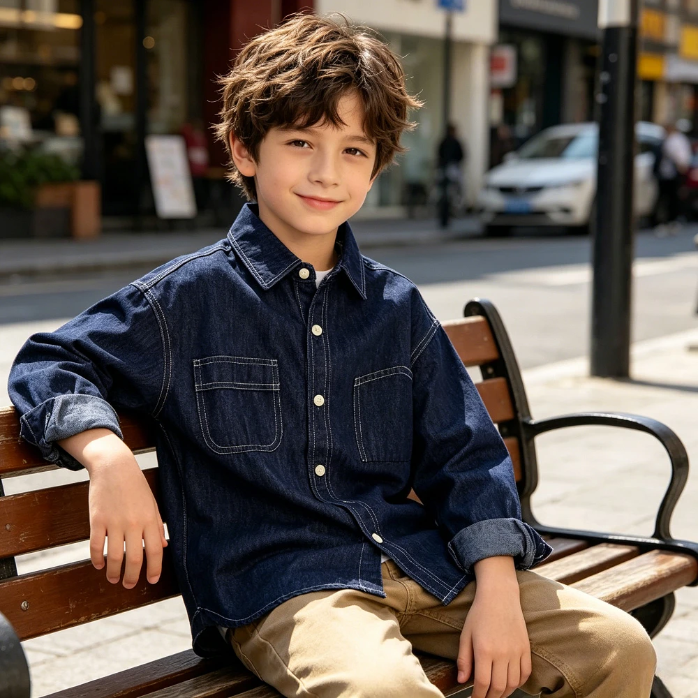 

Kids Classic Denim Button Down Shirt Long Sleeve Durable Dark Wash Jean Shirt Pockets for Boys Casual Daily Outdoor Spring Fall