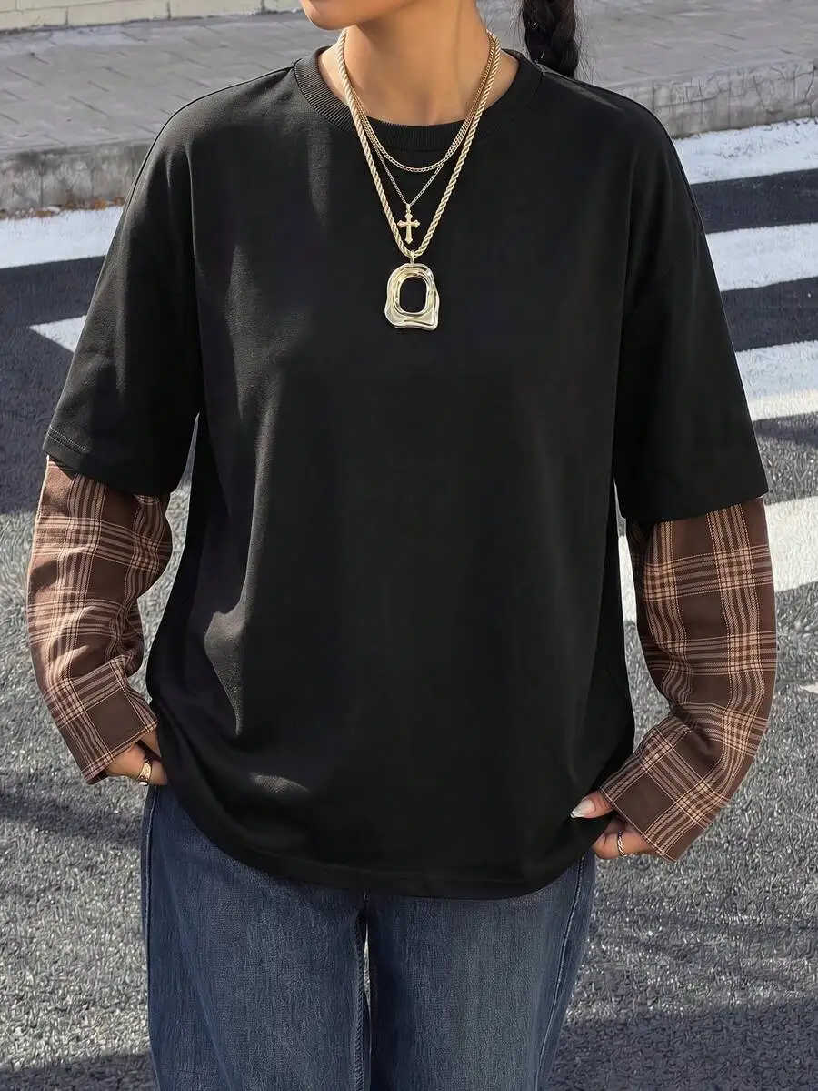 

Casual Plaid Patchwork Mock Layered T-Shirt Long Sleeve Top