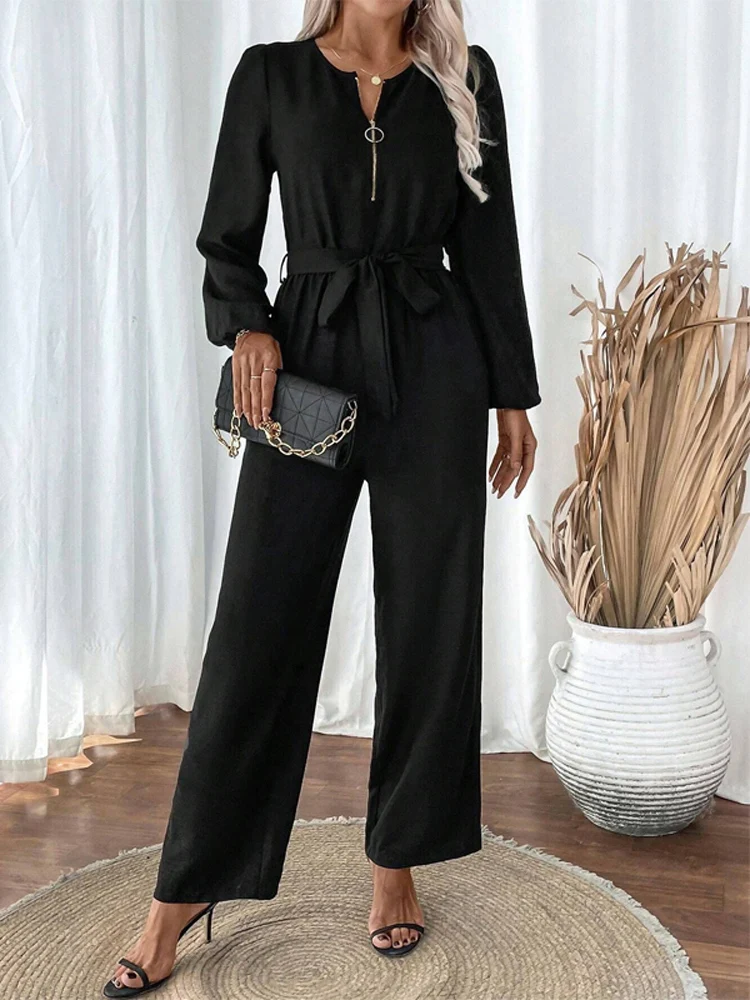 Lässiger langer Sve-Overall mit Gürtel, Hose mit geradem Bein, Reißverschluss, runder, ne-teiliger Anzug, Street Sle, hohe Taille, lange Hose...