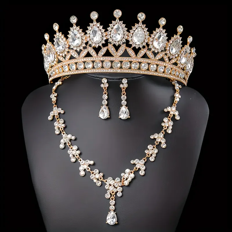 3Pcs Wedding Hair Accessories Crystal Rhinestone Tiaras And Crowns Necklace Earrings Princess For Women Bride Hair Jewelry