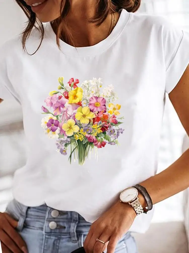 Flower Lovely Sweet Watercolor Fashion Lady Graphic Tee Clothes Short Sleeve T Clothing Print Women Female Casual T-shirts