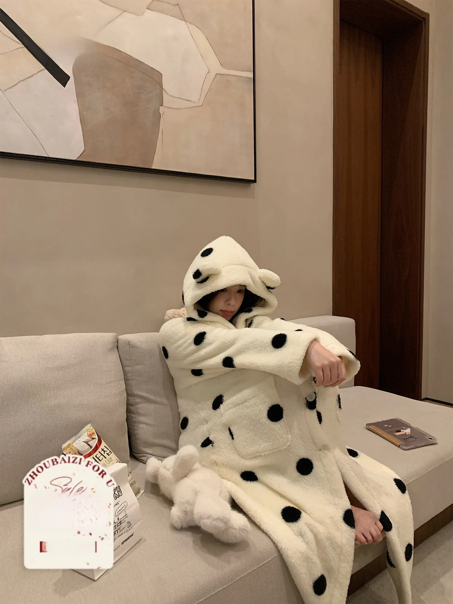 

Милый двусторонний женский халат из флиса с узором в горошек, больших размеров, комфортный, теплый, длинный, для осени и зимы