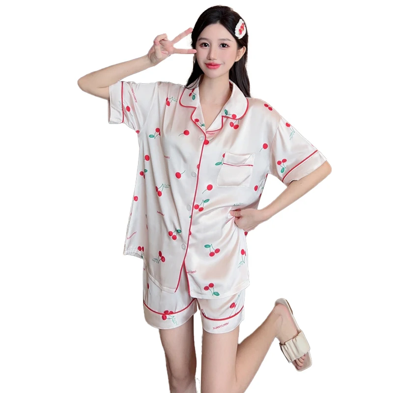 Ins Japanese Casual Pajamas Women\'s Summer Thin Girl\'s Home Lapel Cardigan Two-piece Set Fashion Pyjamas Women Homewear 2PJS