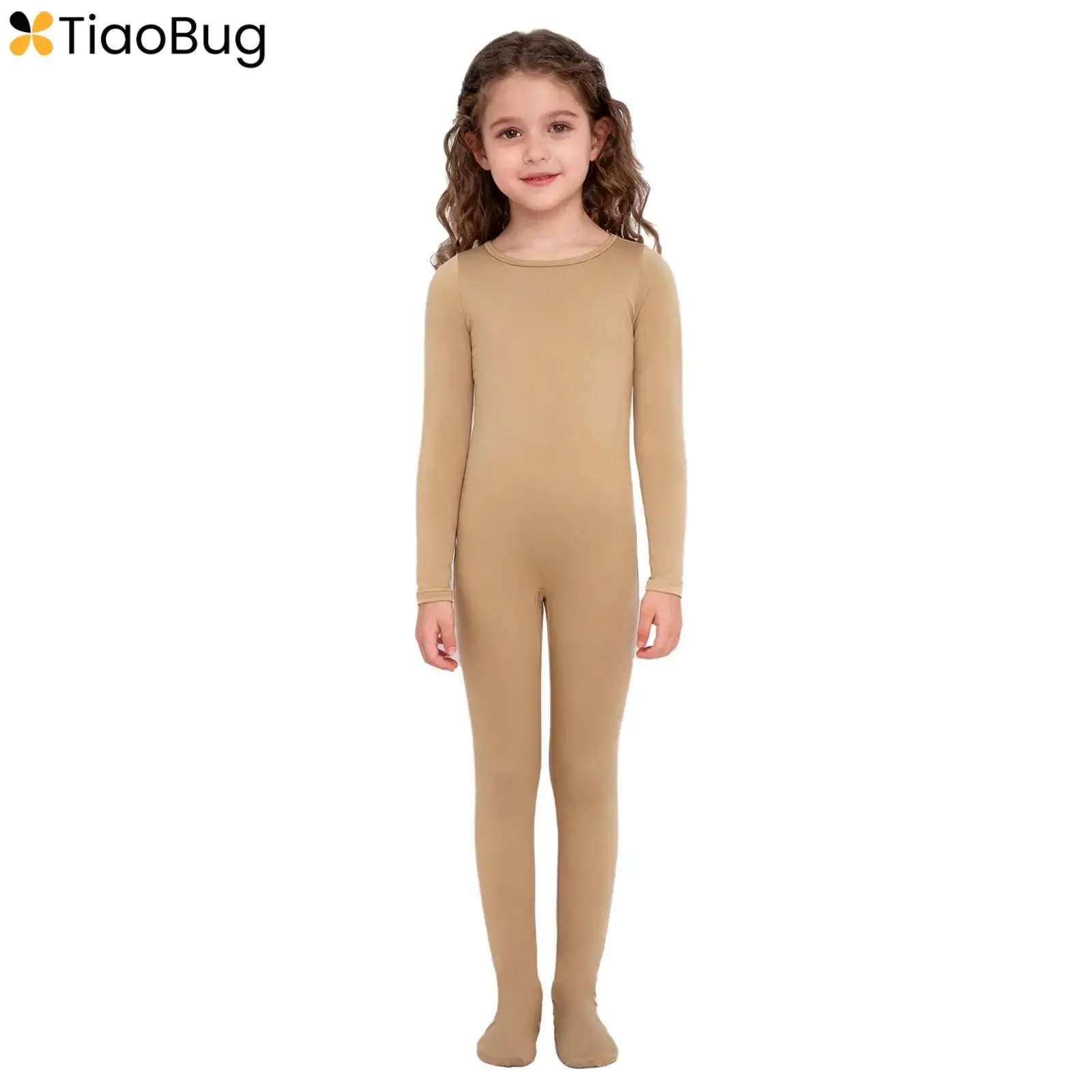 

Kids Girls Gymnastics Figure Skating Ballet Dance Jumpsuit Round Neck Long Sleeve Footed Bodysuit for Practice Warm-Up Training