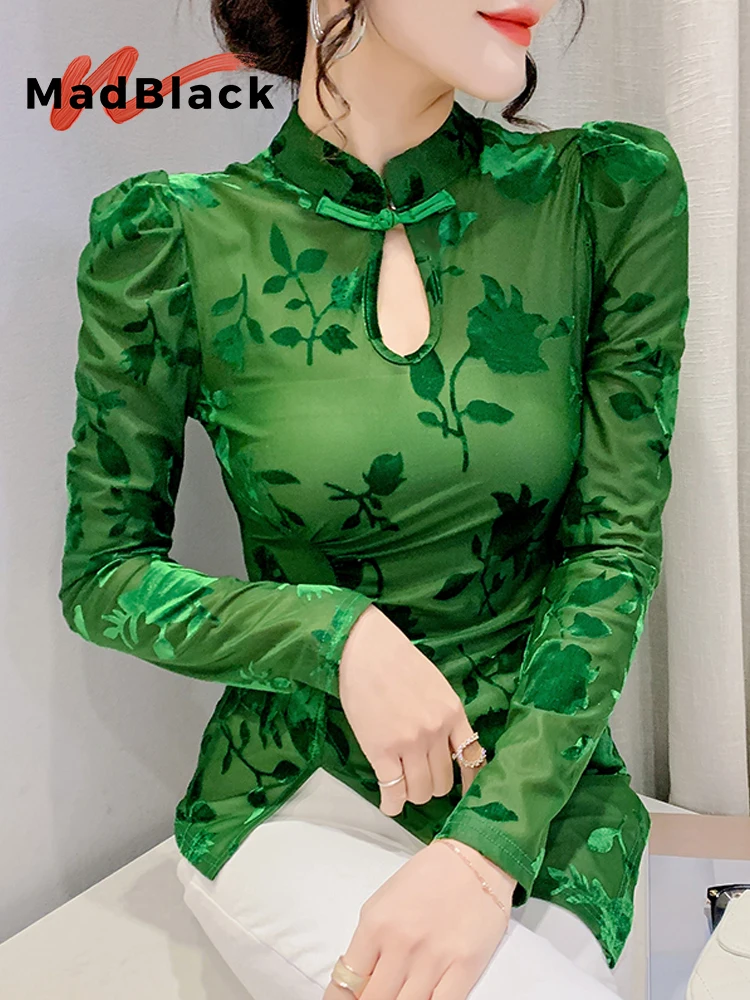 

MadBlack-Women's European T-Shirt, Sexy Stand Button Floral Top, New Chinese Style Long Sleeve Slim Tee, 2025 Spring T51402CC