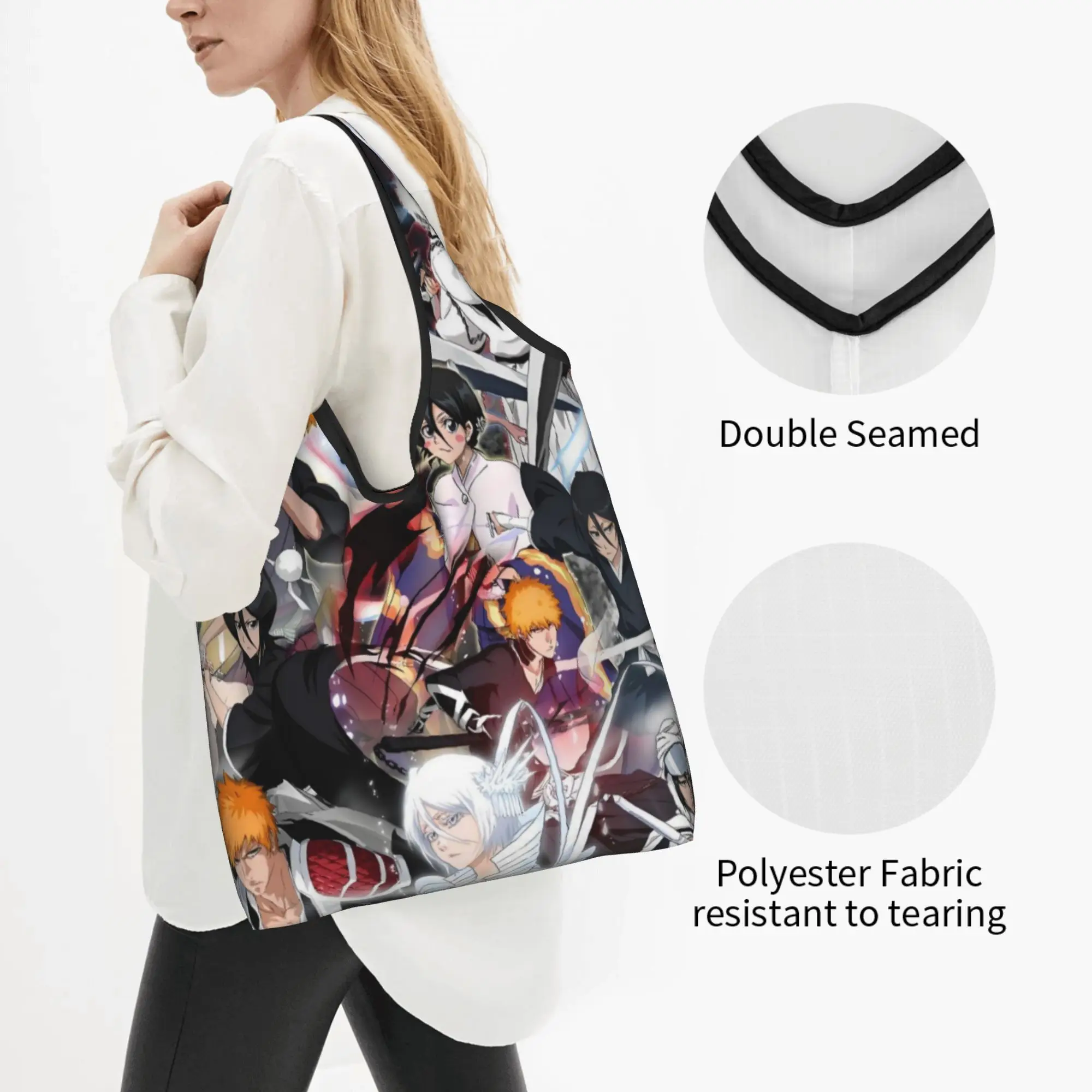 Custom B-Bleaches Comic Hot Japan Shopping Bags Women Portable Big Capacity Grocery  Shopper Tote Bags