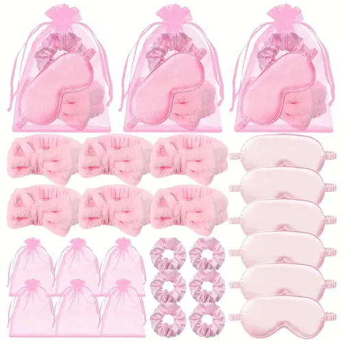 6 juegos de suministros para fiestas de spa, diademas, mascarillas para los ojos, gomas para el pelo, bolsas de organza para regalos de fiesta para eventos de cumpleaños