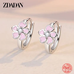 ZDADAN 925 Silver 10mm Pink Flowers Hoop Earrings For Women Fashion Wedding Jewelry