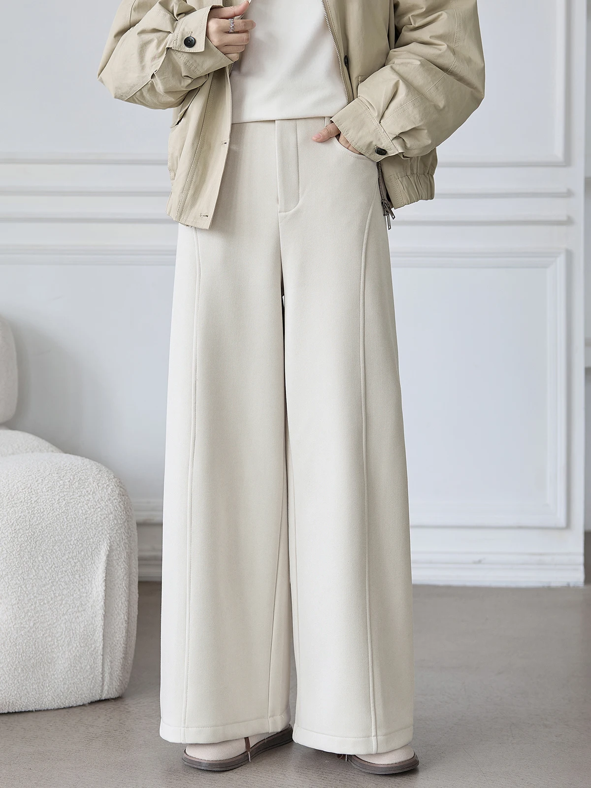 

Женские повседневные брюки с высокой талией на флисовой подкладке, зима 2025, новинка, с эффектным дизайном, цвет абрикос, для работы и повседневной носки, корейская версия